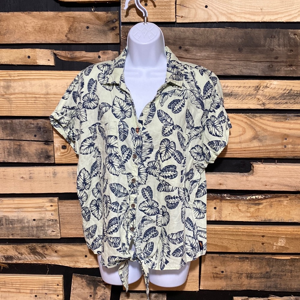 Margaritaville Linen Women's Palm Print Tie Party Shirt‎ Size XL In Seafoam